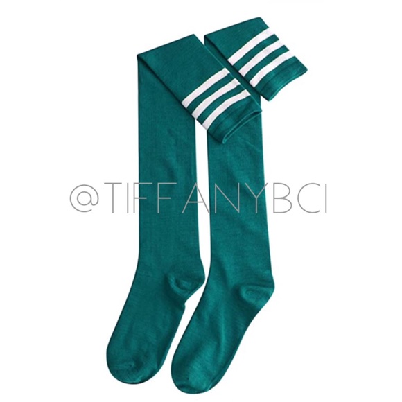 Thigh High Over the Knee Socks Green White Stripes - Picture 2 of 5